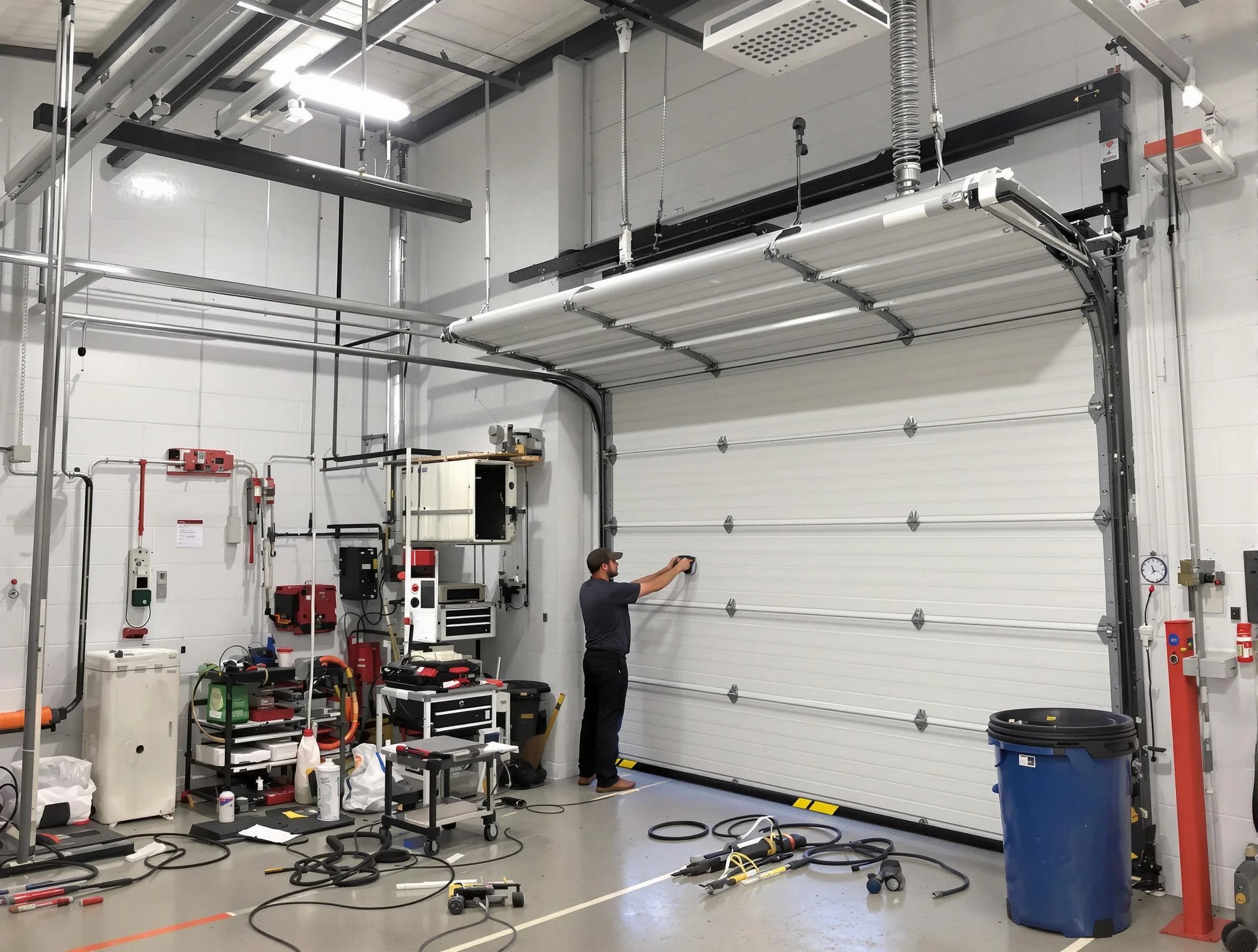 Shawnee Garage Door Repair certified technician performing commercial door repair at a Shawnee business facility