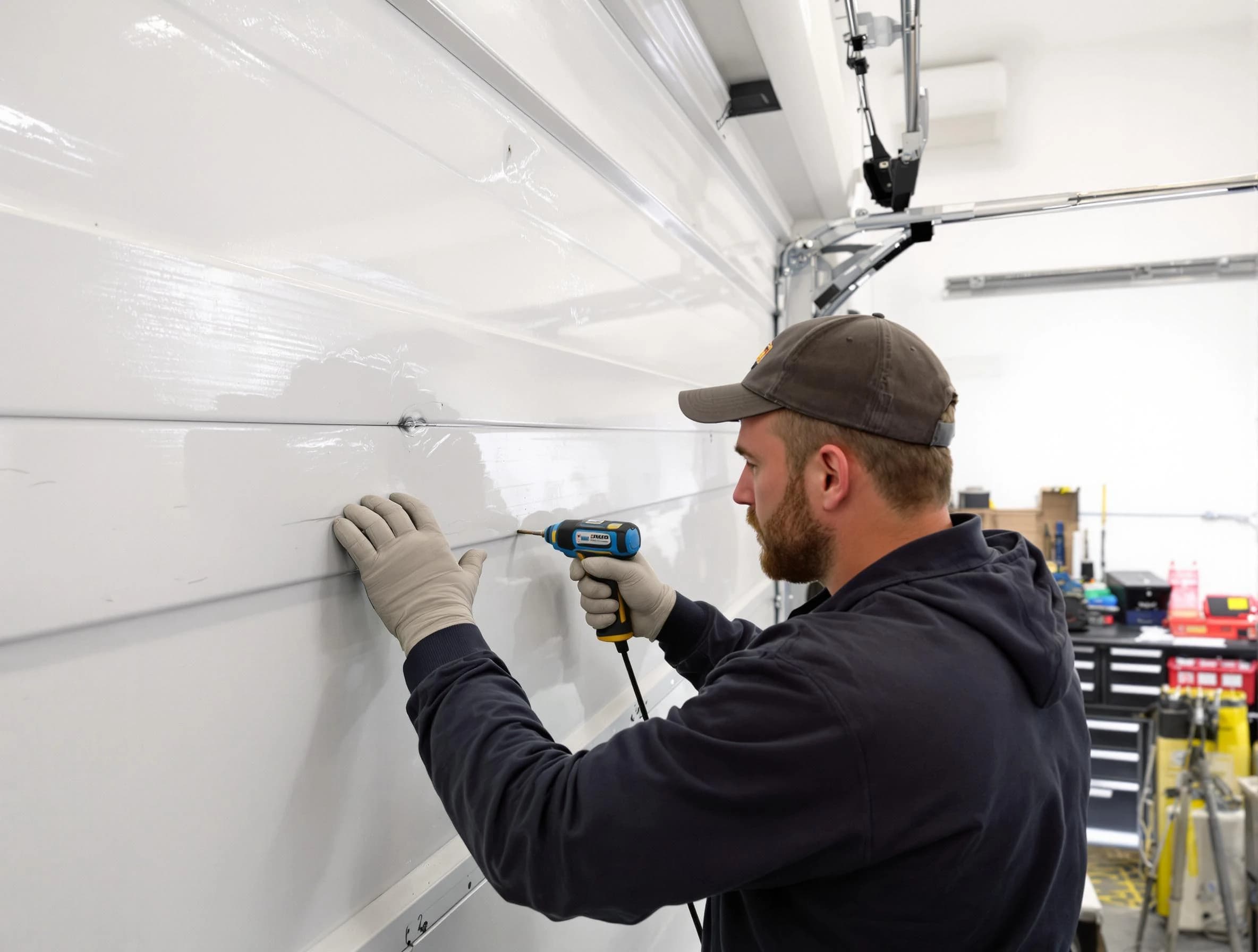 Shawnee Garage Door Repair technician demonstrating precision dent removal techniques on a Shawnee garage door