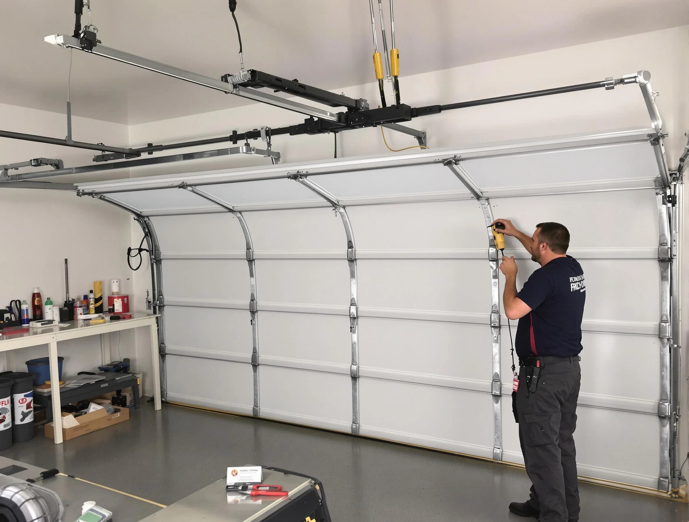 Shawnee Garage Door Repair certified technician performing overhead door system repair in Shawnee