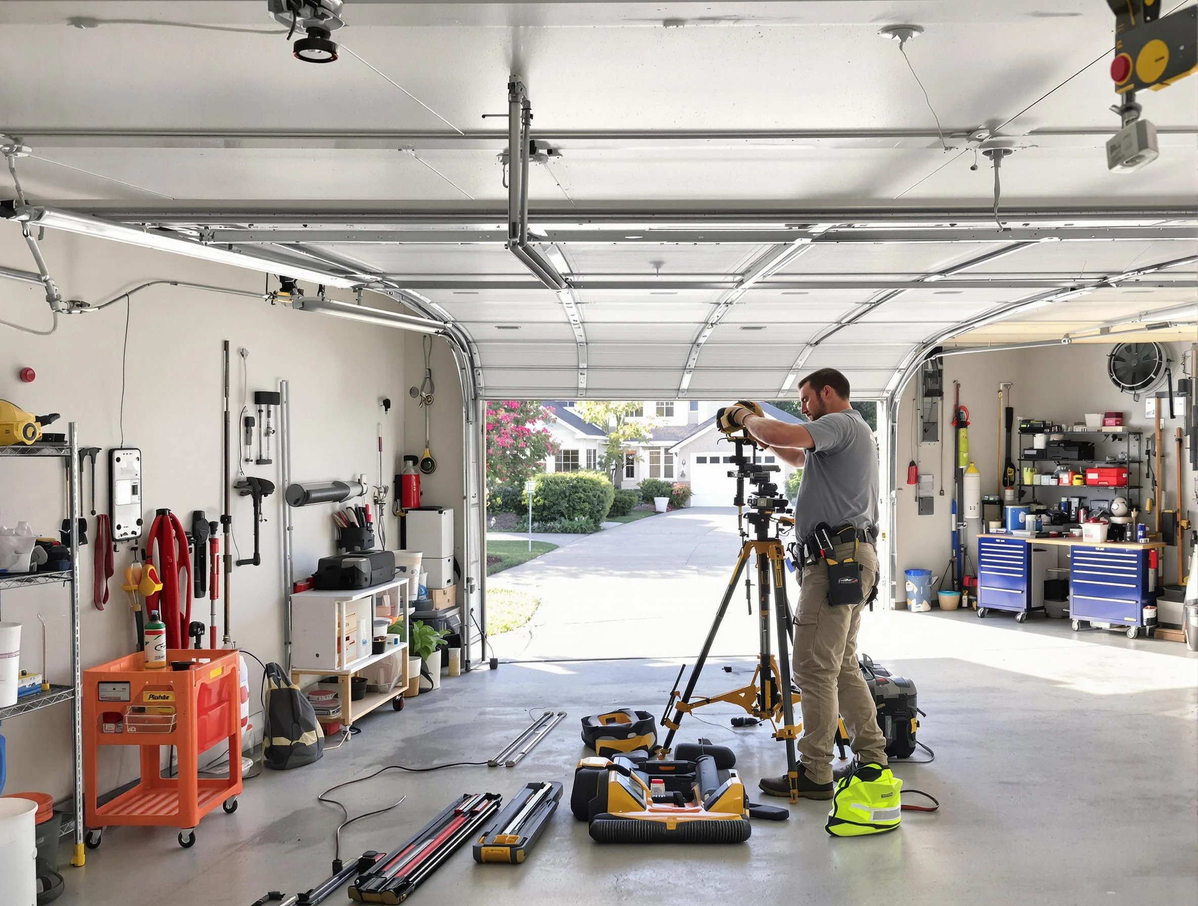 Shawnee Garage Door Repair specialist performing laser-guided track alignment in Shawnee